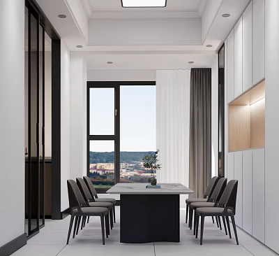 Modern Restaurant Interior With Dining Table Chairs And City View Window 3d model