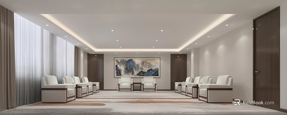 Modern Chinese Style Hotel Public Lounge Area With White Sofas Wooden Walls And Landscape Painting 3d model 