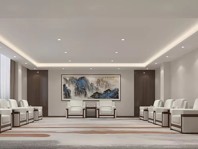 Modern Chinese Style Hotel Public Lounge Area With White Sofas Wooden Walls And Landscape Painting 3d model