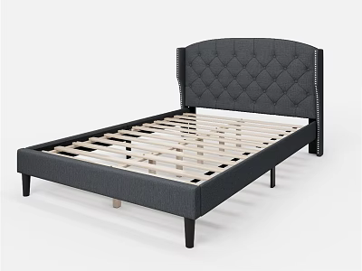 Gray Upholstered Bed Frame With Tufted Headboard Wooden Slats And Black Legs 3d model