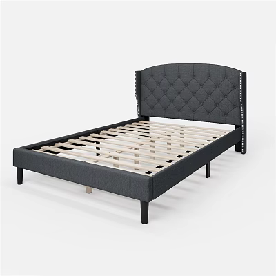 Gray Upholstered Bed Frame With Tufted Headboard Wooden Slats And Black Legs 3d model