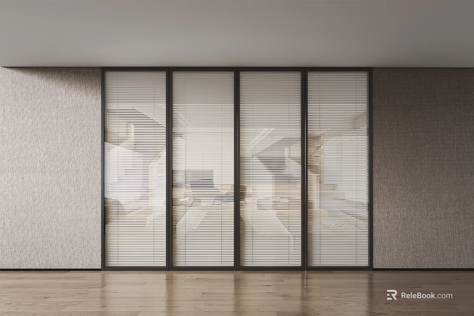 Modern Glass Partition With Vertical Blinds In Interior Space With Wooden Floor And Textured Walls 3d model 