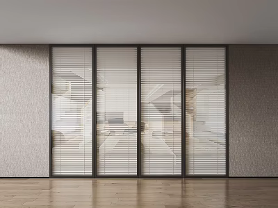 Modern Glass Partition With Vertical Blinds In Interior Space With Wooden Floor And Textured Walls 3d model