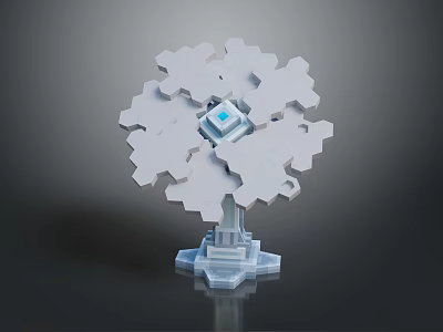 White Snowflake Shaped Decorative Furniture With Central Blue Cube And Base 3d model