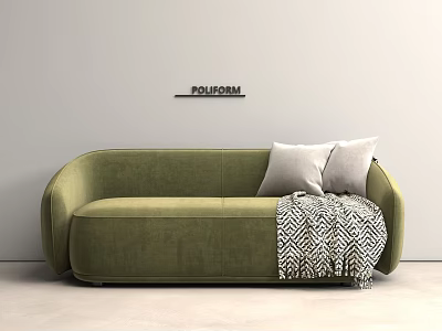 Green Two Seater Sofa with Light Pillows and Black White Geometric Blanket on Light Wall 3d model