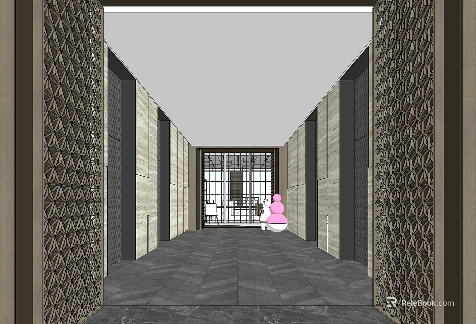 Elevator Hallway With Decorative Patterned Walls Dark Floor Tiles And Elevator Doors 3d model 