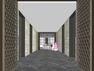 Elevator Hallway With Decorative Patterned Walls Dark Floor Tiles And Elevator Doors 3d model