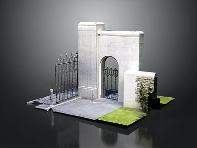 White Stone Archway Building Structure With Iron Gate Steps And Green Lawn 3d model