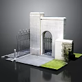 White Stone Archway Building Structure With Iron Gate Steps And Green Lawn