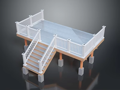 Outdoor Wooden Deck Structure With White Railings Staircase And Concrete Support Posts 3d model