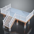 Outdoor Wooden Deck Structure With White Railings Staircase And Concrete Support Posts