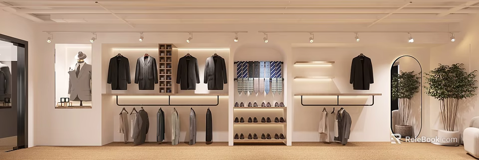 Modern Bright Clothing Store Interior With Hanging Coats Patterned Ties And Displayed Shoes 3d model 