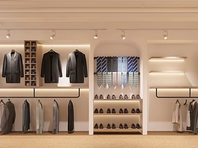 Modern Bright Clothing Store Interior With Hanging Coats Patterned Ties And Displayed Shoes 3d model