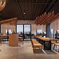Modern Café Interior Design With Wooden Elements Open Layout Hanging Lights And Bar Counter