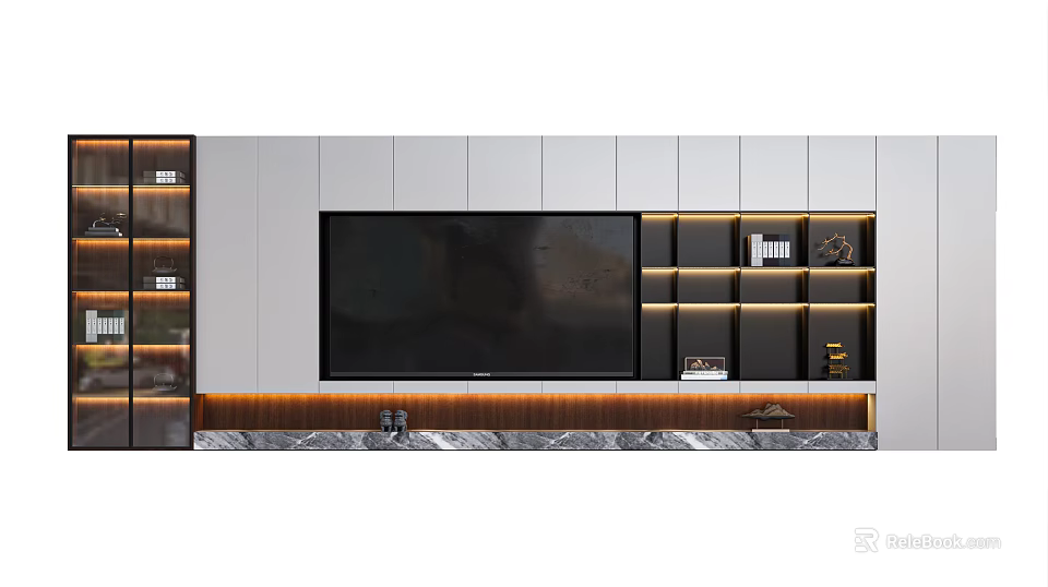 Modern TV Background Cabinet Design With Marble Base LED Lighting And Open Shelves 3d model 