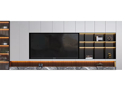 Modern TV Background Cabinet Design With Marble Base LED Lighting And Open Shelves 3d model