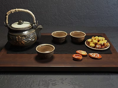 Traditional Tea Set Featuring Metal Teapot Bamboo Handle Ceramic Teacups and Pastries on Wooden Tray 3d model