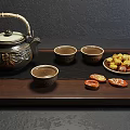 Traditional Tea Set Featuring Metal Teapot Bamboo Handle Ceramic Teacups and Pastries on Wooden Tray