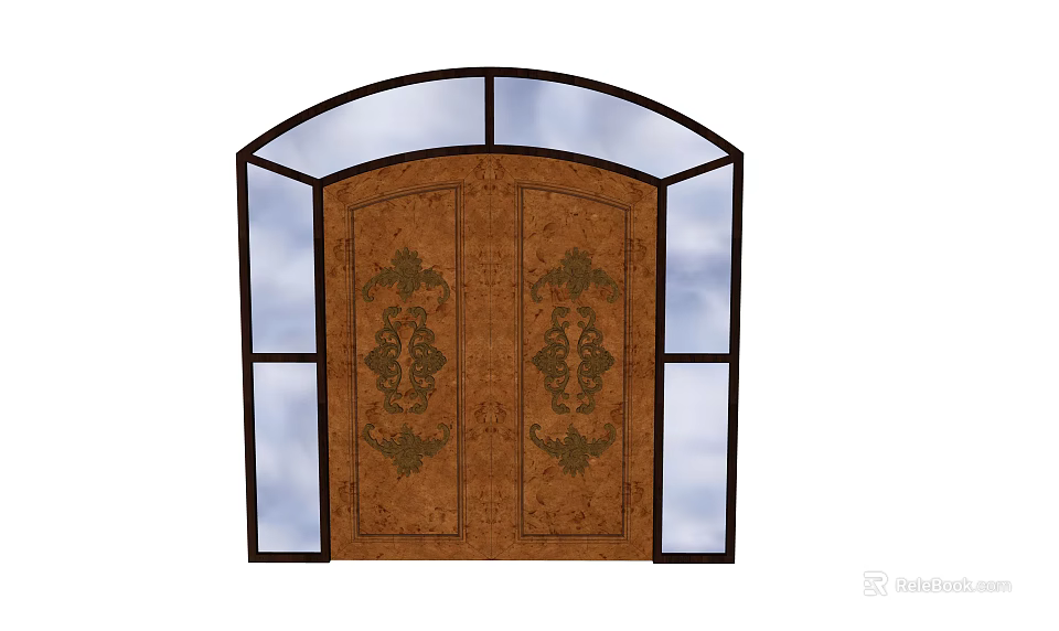 Elegant Double Wooden Front Door with Intricate Green Floral Patterns and Arched Glass Panels 3d model 