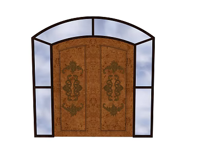 Elegant Double Wooden Front Door with Intricate Green Floral Patterns and Arched Glass Panels 3d model