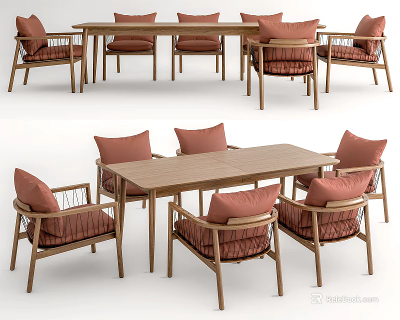 Wooden Dining Table Set with Red Cushioned Chairs Woven Seats and Frames 3d model 