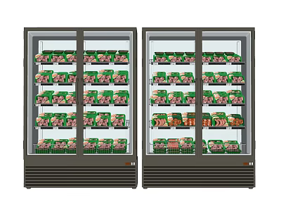 Upright Display Freezers With Glass Doors Stocked With Packaged Food Items 3d model