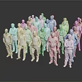 Group of White Human Figures in Various Poses with Gray Background and Floor Reflections