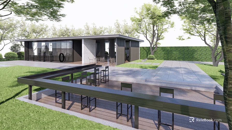 Modern Wooden Pergola In Garden Patio With Seating Green Lawn And Trees 3d model 