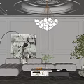 Modern Living Room Interior With Wainscoting Walls Sofa Armchair Chandelier Plant And Artwork