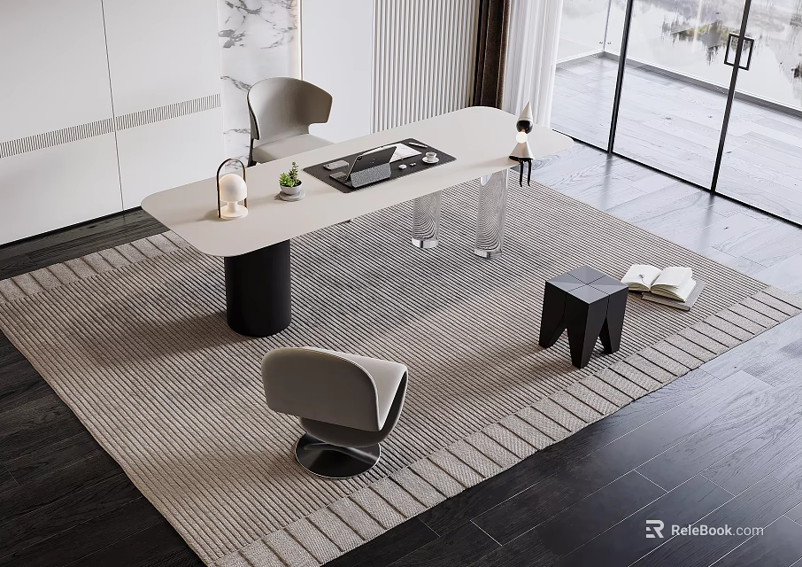 Modern Home Office Desk With Accent Chair Table Lamp And Area Rug By Window 3d model 