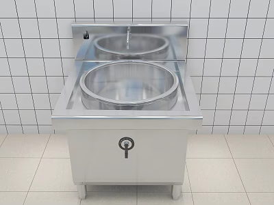 Stainless Steel Commercial Kitchen Cooking Station With Double Round Cooking Pots 3d model
