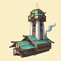 Cartoon Scene Of Detailed Wooden Building With Green Roof White Stone Tower And Smoking Chimney