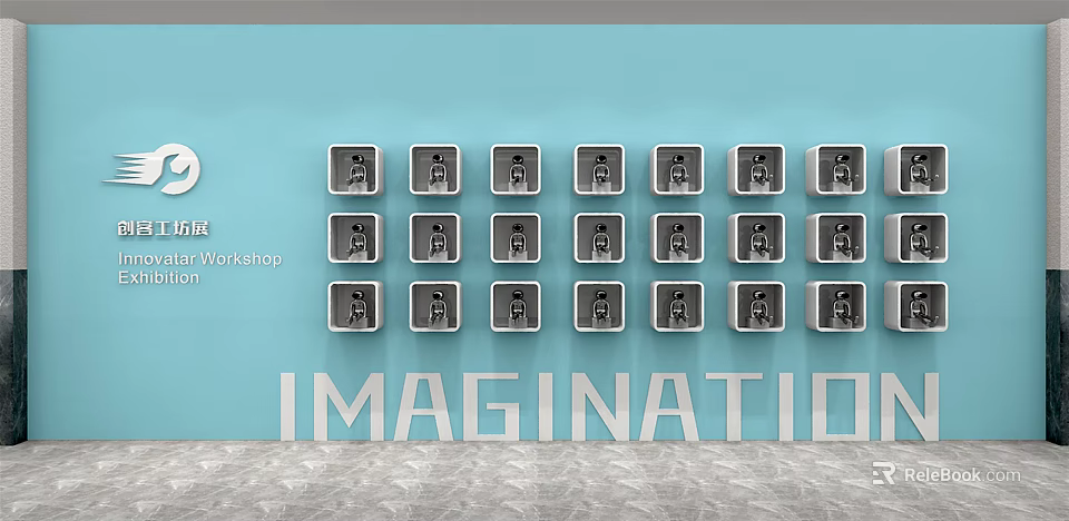 Blue Background Wall With Arranged Decorative Square Frames And Imagination Text 3d model 