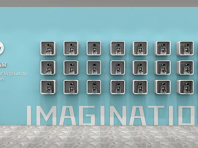 Blue Background Wall With Arranged Decorative Square Frames And Imagination Text 3d model