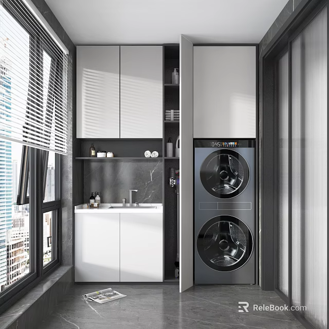 Functional Home Balcony Space Design With Washing Machine Dryer Storage Cabinets Countertop And Windows 3d model 
