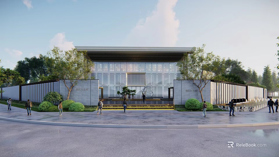 Modern Garden Landscape Design With Trees Greenery Glass Facade Building And Pathway 3d model