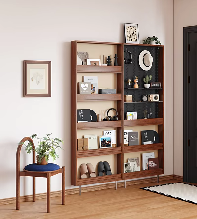 Cozy Modern Room Corner Storage Shelf With Books Hat Plants And Decorative Items 3d model