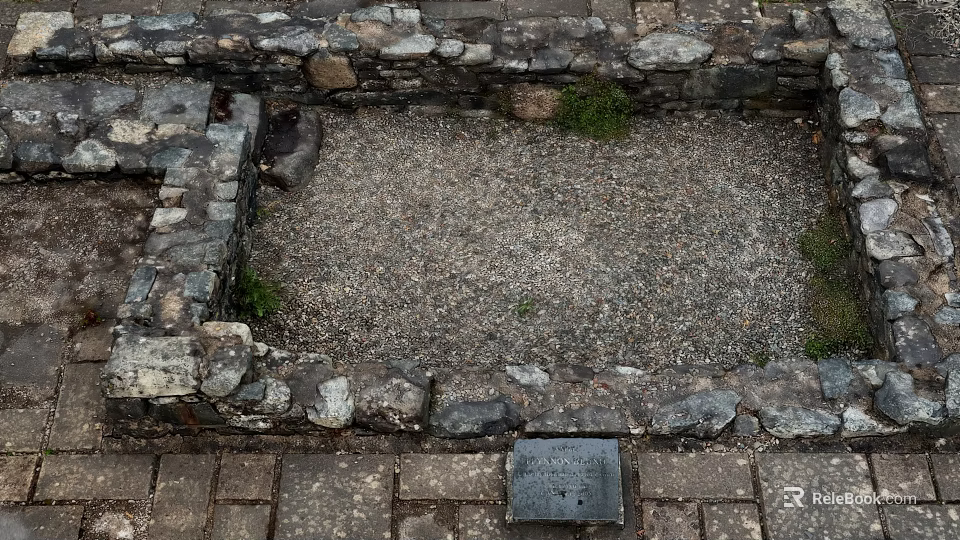 Old Stone Wall Enclosed Space Featuring Gravel Ground Brick Paving and Small Grass 3d model 