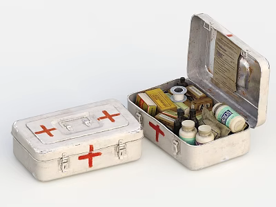 Silver First Aid Kit With Red Cross Symbol Open Case Holding Medical Supplies Inside 3d model