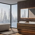 Modern Bathroom Vanity With Double Sink Backlit Mirror And Snowy View
