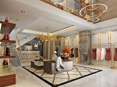 Luxury Modern Clothing Store Interior With Golden Racks Chandeliers And Mannequin 3d model