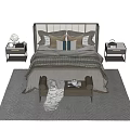 Modern Double Bed Setup With Decorative Pillows Bed Bench Nightstands And Rug 3d model