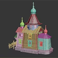 Cartoon Scene Featuring Russian Style Wooden Church With Onion Domes Purple Roofs And Brown Walls