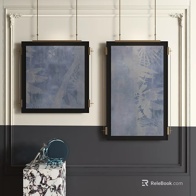 Two Abstract Paintings With Black Frames Gold Accents On Gray White Wall And Decorative Table 3d model 