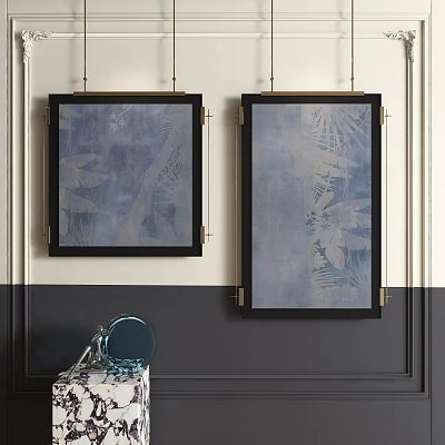 Two Abstract Paintings With Black Frames Gold Accents On Gray White Wall And Decorative Table 3d model