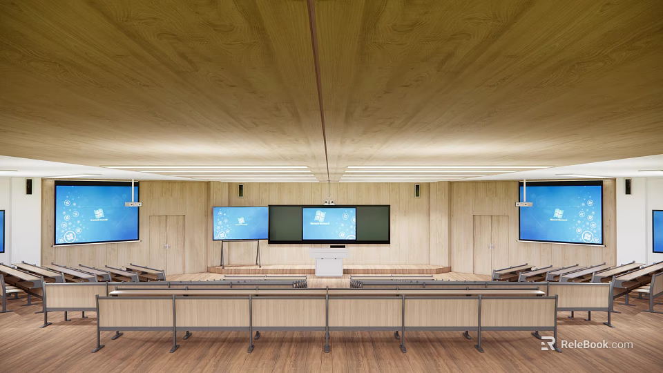 School Classroom With Wooden Ceiling Walls Multiple Screens Lecture Podium And Rows Of Desks 3d model 