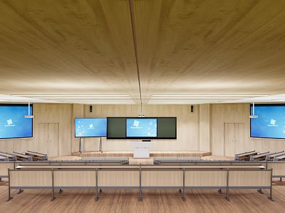 School Classroom With Wooden Ceiling Walls Multiple Screens Lecture Podium And Rows Of Desks 3d model