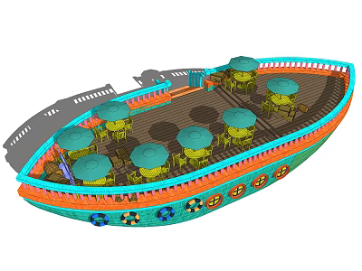 Boat Shaped Playground Equipment With Green Umbrellas Yellow Tables Chairs Brown Deck And Decorations 3d model