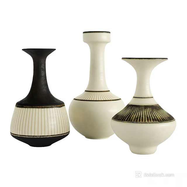 Decorative Ceramic Vases With Black And White Striped Design 3d model