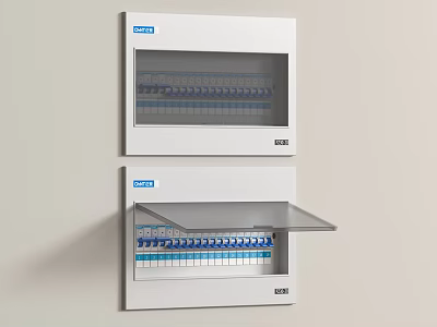Industrial Electrical Distribution Boxes Mounted on Wall with Open and Closed Doors Showing Circuit Breakers 3d model